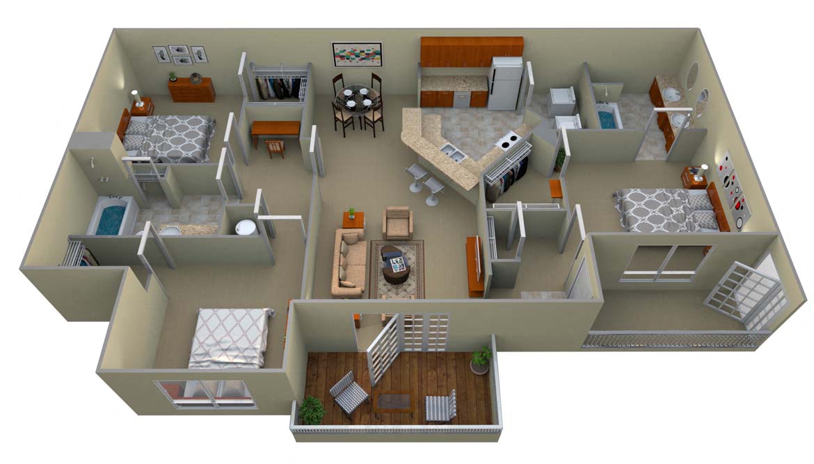 Floor plan for 3 beds, 2 baths, 1495 sqft